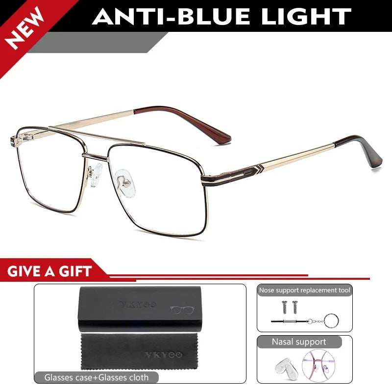 Classic Business Men's Metal Geometric Square Frame Eyewear Customizable Prescription Blue Light Protection Eyewear