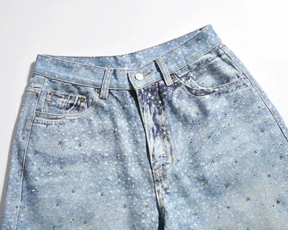 Full Rhinestone Print Washed Blue Baggy Jeans Mens and Women Ropa Hombre Streetwear Solid Casual Denim Trousers Loose Cargos