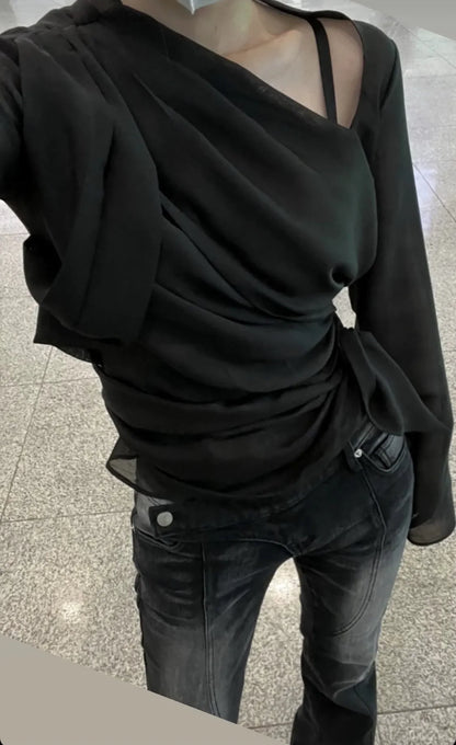 Karrram Vintage Distressed Low Waist Jeans Grunge Asymmetrical Waist Denim Pant Korean Fashion Black Flare Jeans Kpop Streetwear