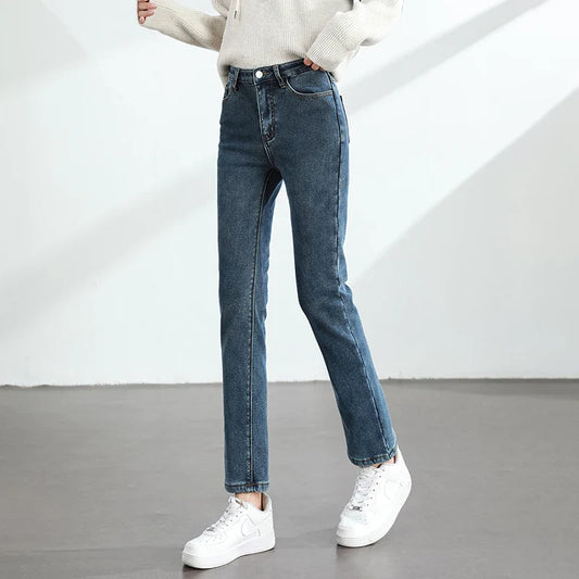 Women's Winter Fleece Warm Jeans Retro Elastic Thickened Comfortable Straight Fashion Korean Casual Female Velvet Denim Pants
