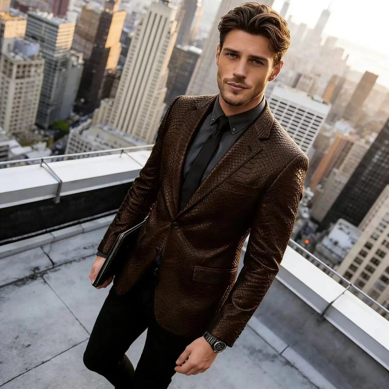 Men's Luxury Crocodile Pattern Leather Blazer Slim Fit Two Button Notch Lapel Suit Jacket Business Casual Wedding Tuxedo Dress