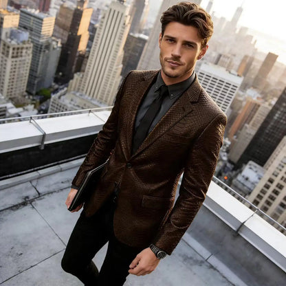 Men's Luxury Crocodile Pattern Leather Blazer Slim Fit Two Button Notch Lapel Suit Jacket Business Casual Wedding Tuxedo Dress