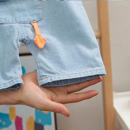 Summer Baby Boys Clothes Suit Toddler Kids Jumpsuit Boys Suspender Denim Shorts&Tshirt 2 pcs Sets Children Clothes Elastic Jeans