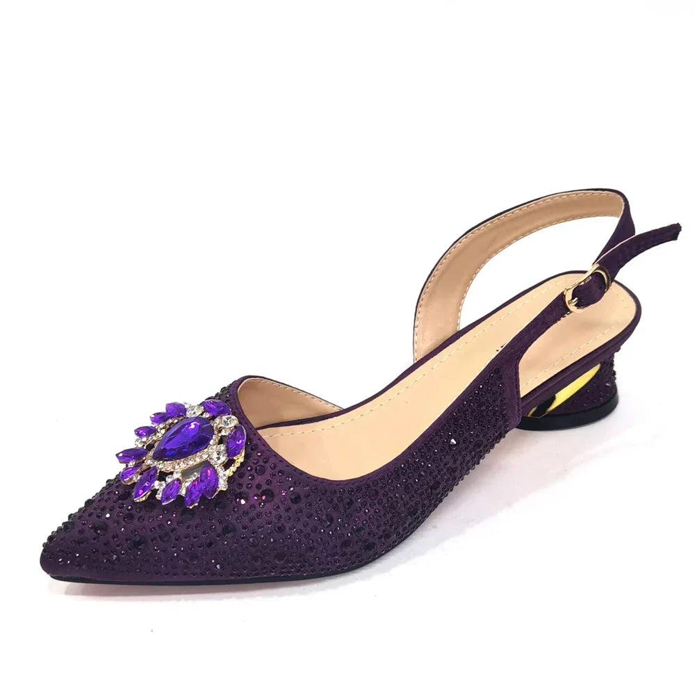 Royal Blue Sandals for Women 2024 Luxury Wedding Pumps Med Heels Rhinestone Design Party Shoes and Bags Set