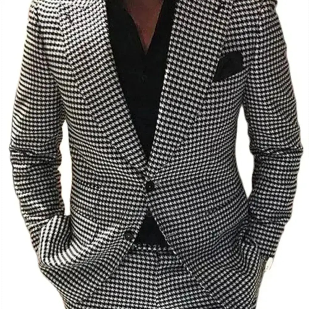 2 Piece Plaid Men Suits for Wedding Houndstooth Checkered Groom Tuxedos Male Fashion Clothes Costumes Set Jacket with Pants