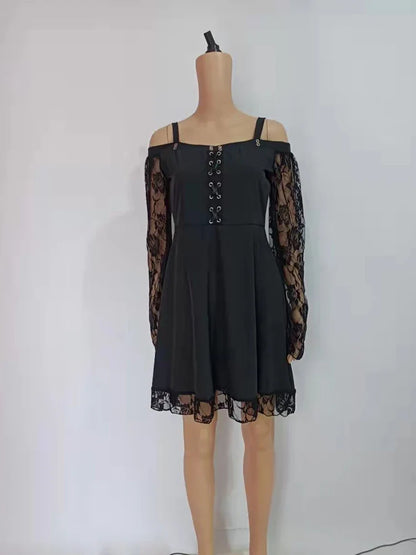 2022 New Gothic One-shoulder Lace Stitching Flared Sleeve Dress Literary Vintage Autumn Grunge Black A-line Dress Punk Partywear