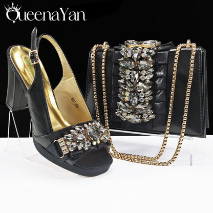 Spot goods Elegant Women Heels Shoes and Bag Set Decoration Rhinestones Women High Heels Shoes OL Bag And Shies