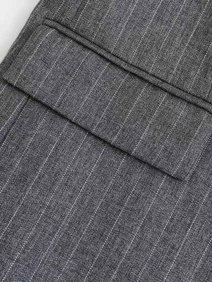 Women Fashion With Pockets Striped Single Breasted Blazer Vintage Notched Neck Long Sleeves Female Chic Lady Outfits