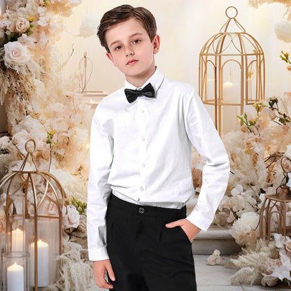 Boys Dress Shirt Kids School Uniform Long Sleeve with Bowtie Formal Gentelmal Gift Perform Ceremony Clothes White 6 to 14 years