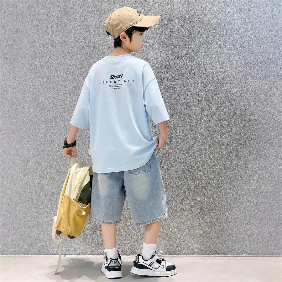 Tween Boys Summer Sets Clothing Child Tshirt Denim Shorts Two Pieces Sports Suit For Kids Teenagers 5 6 7 8 9 10 11 12 13 14 Yrs