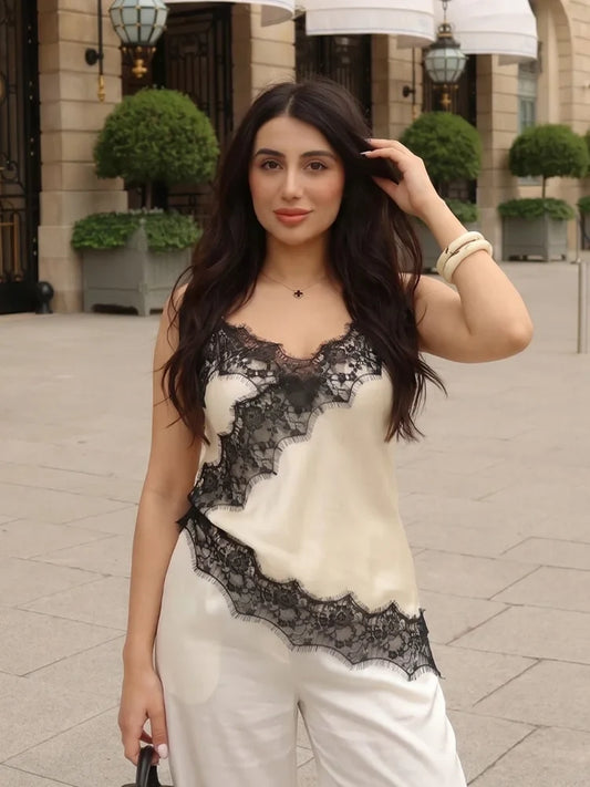 Women Fashion Lace Patchwork Straps Top Irregular Hem Spaghetti Straps V-Neck Hollow Sexy Tops 2026 Summer Night Date Wear