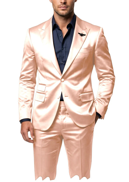 Men's Satin 2-Piece Suit Set Slim Fit Peak Lapel Tuxedo Blazer With Straight Leg Pants For Wedding Party Formal Wear