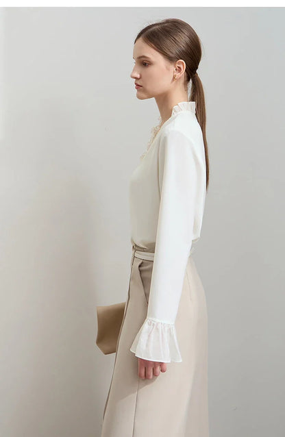 Minimalist Chiffon Shirt For Women 2025 Autumn New Office Lady V-neck Ruffle Splicing Loose Long Sleeved Blouse 12511078