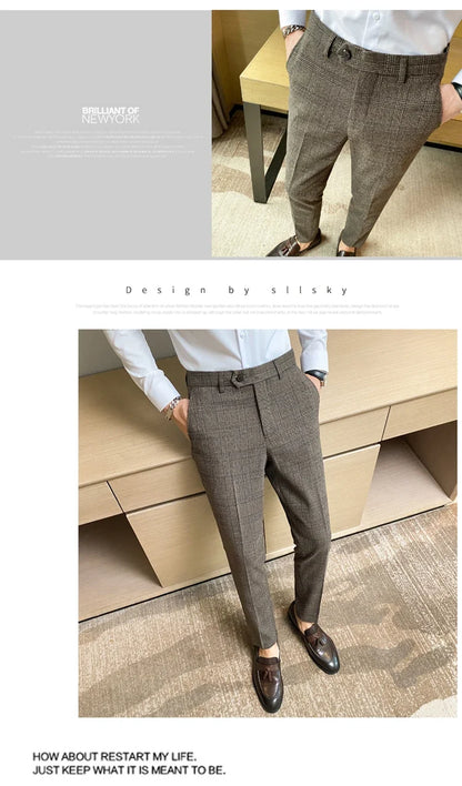 Boutique Classic Plaid and Striped Fashion Men's Casual Business Slim Suit Pants Groom Wedding Dress Trousers Party