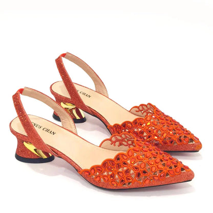 Low Heel Shoes for Women Hollowed Out Embroidery Rhinestone Italian Design Gold Color Pointed-Toe Shoes and Bags Set