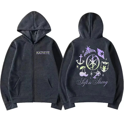 Katseye Graphics tracksuit vintage Hoodie Men Women 2025 tops Fleece fashion clothes Hip Hop Coat Zip Up Jacket Loose streetwear