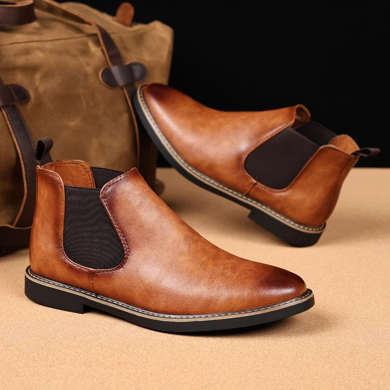 39~47 Men Chelsea Boots Brand Retro Comfortable PU Leather Ankle Boots Men 2025 Fashion Black Brown Mens Boots