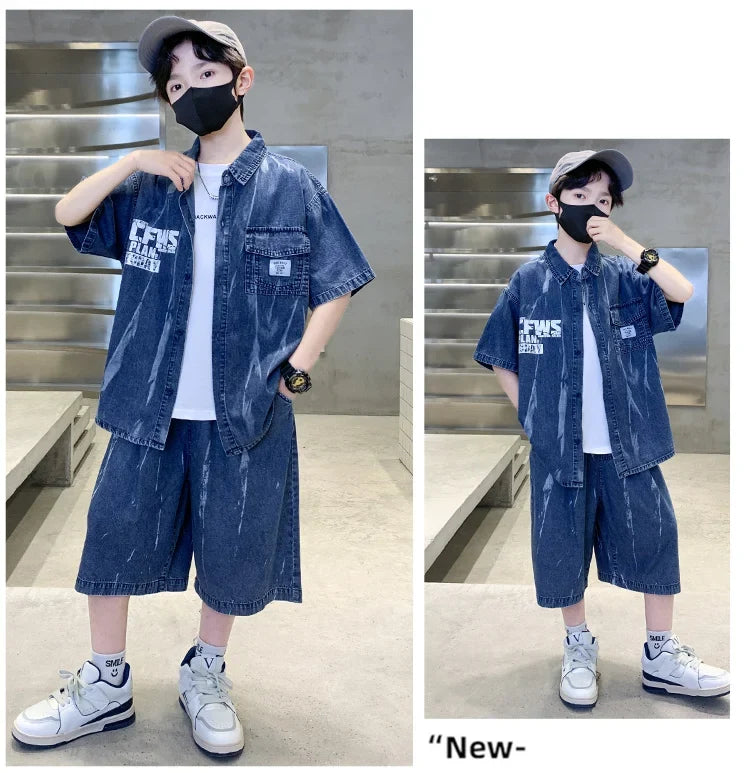 Cool Summer Set for Boys Denim Top and Bottom Set Kids Child Short Sleeve Shirt And Shorts 2 Pieces Outfits Suit Age 5-14 Years