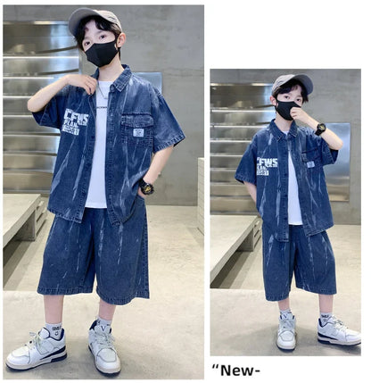 Cool Summer Set for Boys Denim Top and Bottom Set Kids Child Short Sleeve Shirt And Shorts 2 Pieces Outfits Suit Age 5-14 Years