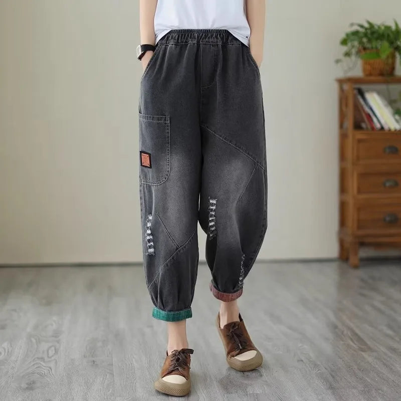 Loose Harlan Jeans Women's Denim Pants Middle-Aged Mom Trendy plus Size Carrot Shape High Waist Cotton Stretch Fabric All Sea...