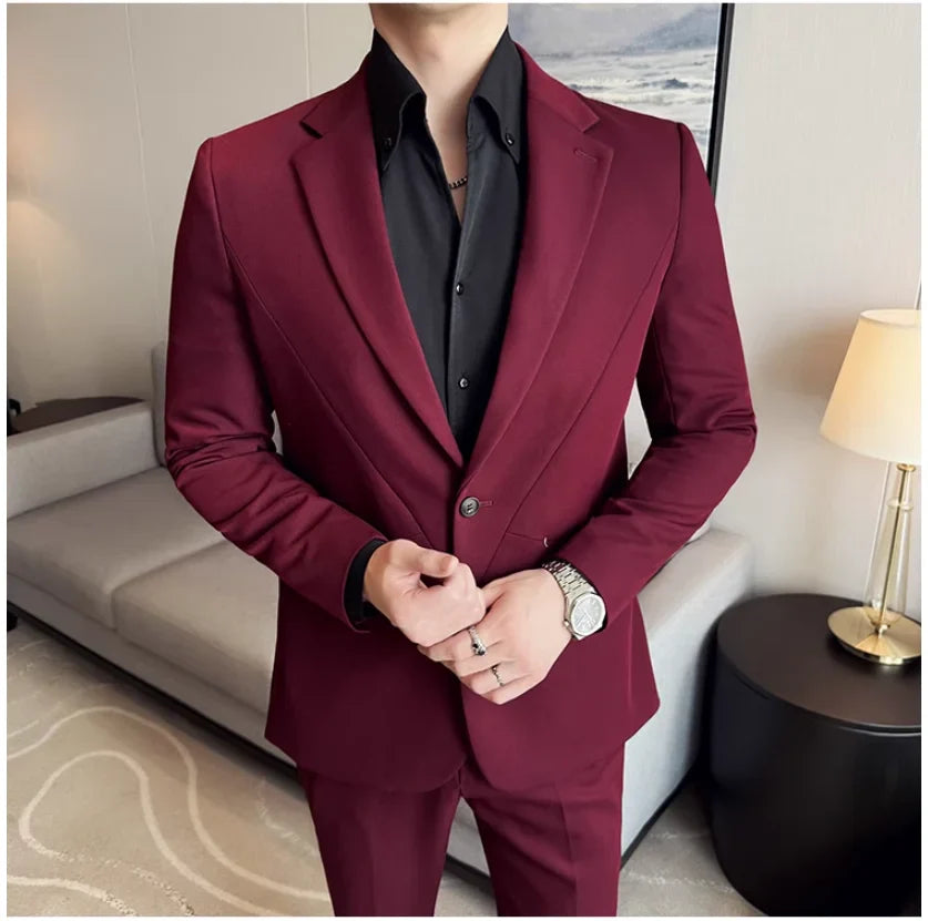 (Jacket+Pant) New Men Pure Color Business Social Wedding Party Suit Fashion Male Banquet Party Slim Fit Dress Blazer and Trouser