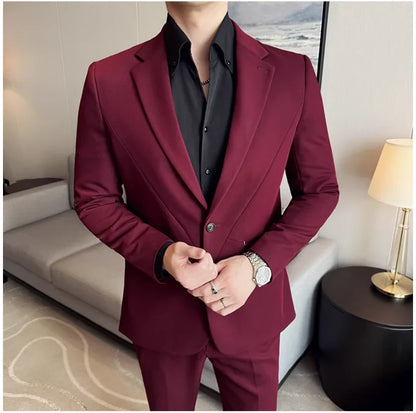 (Jacket+Pant) New Men Pure Color Business Social Wedding Party Suit Fashion Male Banquet Party Slim Fit Dress Blazer and Trouser