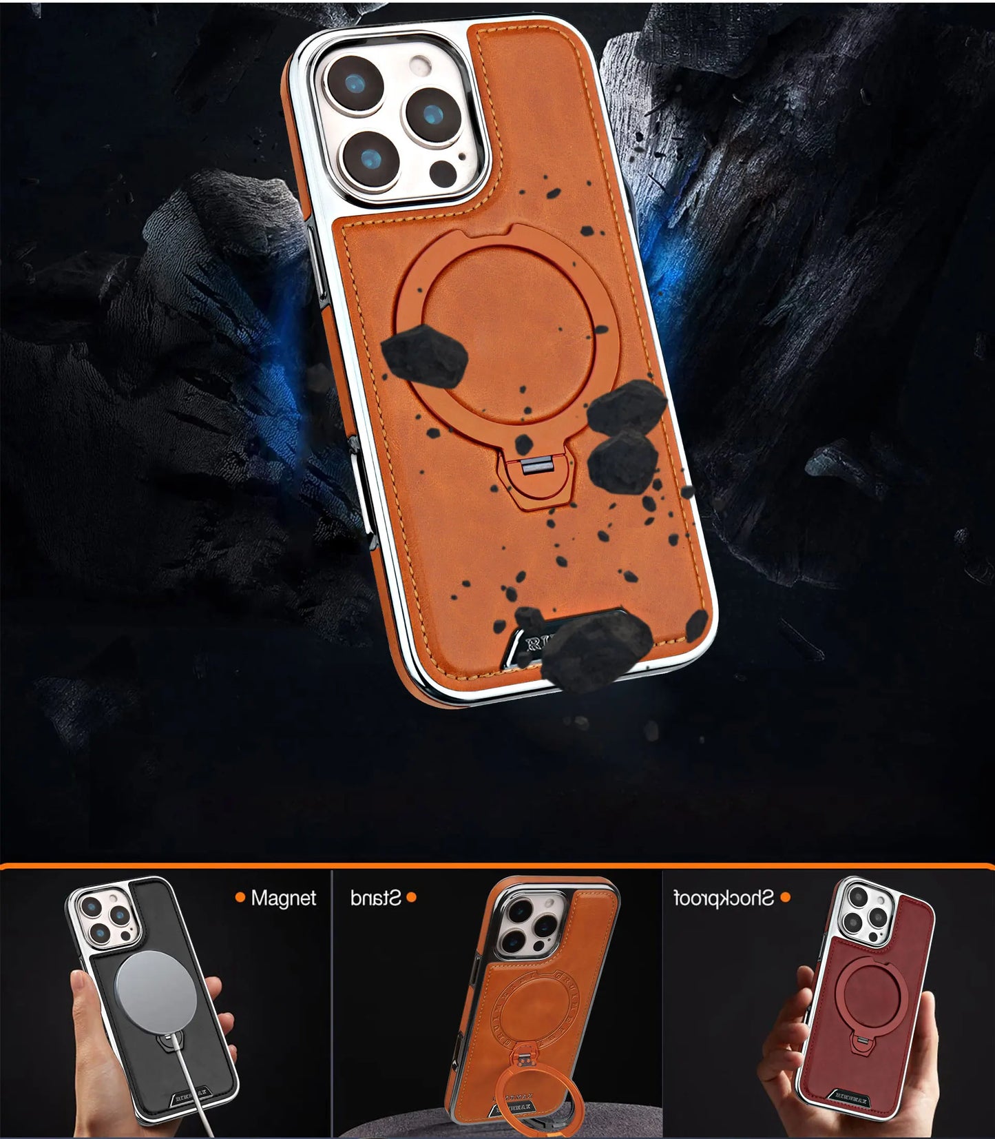 360 Rotating Bracket Luxury Magnetic Leather Phone Case For iPhone 16 17 Pro Max 15 14 13 12 Magsafe Wireless Charging Cover