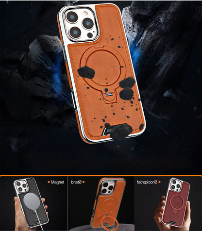 360 Rotating Bracket Luxury Magnetic Leather Phone Case For iPhone 16 17 Pro Max 15 14 13 12 Magsafe Wireless Charging Cover