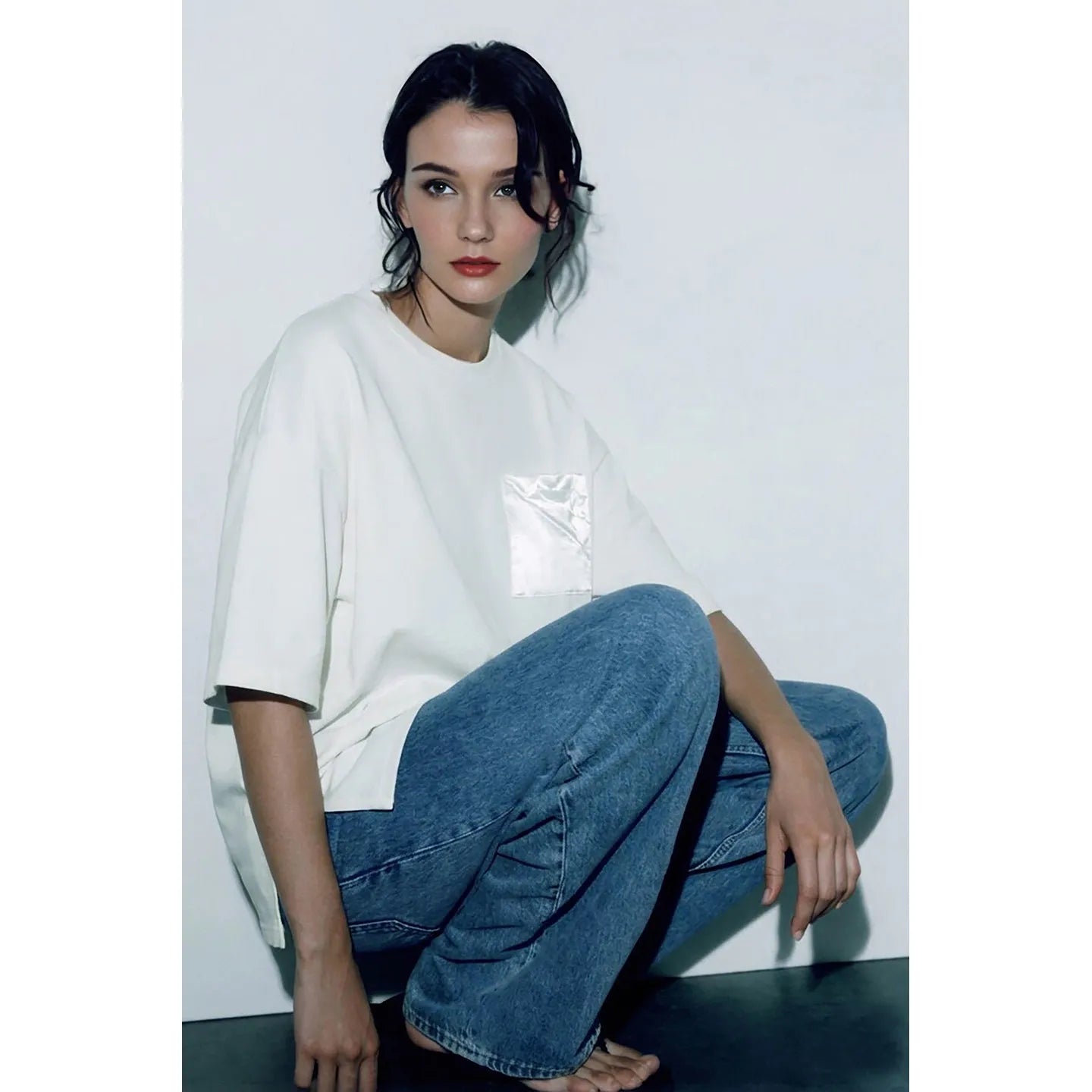 Women's T-Shirt 2026 Summer New Oversized Cotton Short Sleeve Tops Side Slit Mid Length Patch Pocket Tee Shirt 12642037