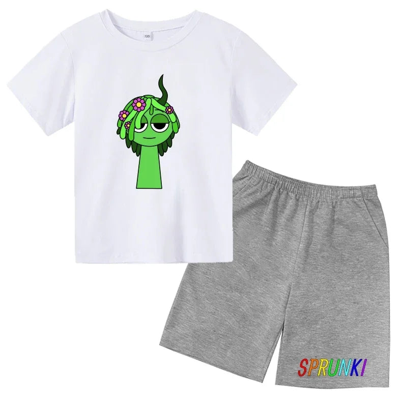 2026 Sprunki Kids T-Shirt + Shorts Set, Boys Girls Cartoon Game Printed Cotton Short Sleeve 2Pcs Summer Casual Outfit