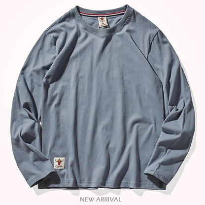 Autumn American Retro Long Sleeve O-neck Solid Color T-shirt Men's Fashion Simple 100% Cotton Washed Old Casual Bottoming Tops
