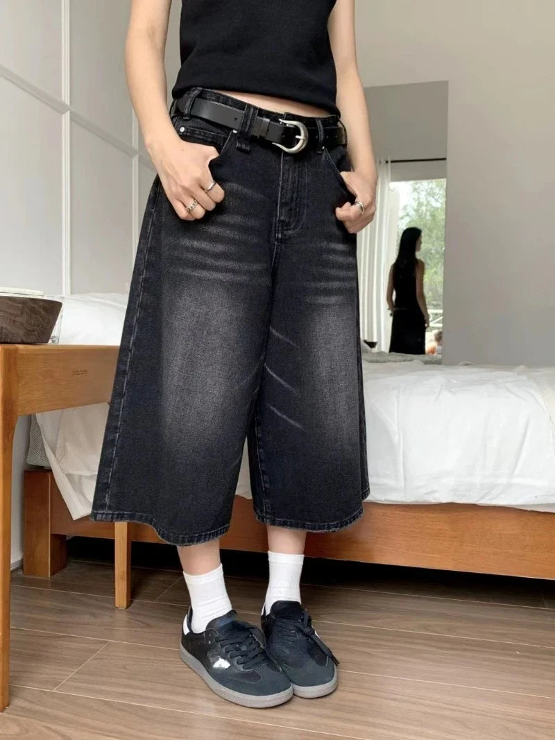 2026 Y2k Retro Women Low Rise Jorts Brushed Black Wash Cropped Baggy Jeans Wide Leg Frayed Denim Short Pants Fashion