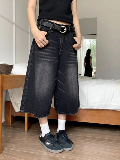 2026 Y2k Retro Women Low Rise Jorts Brushed Black Wash Cropped Baggy Jeans Wide Leg Frayed Denim Short Pants Fashion