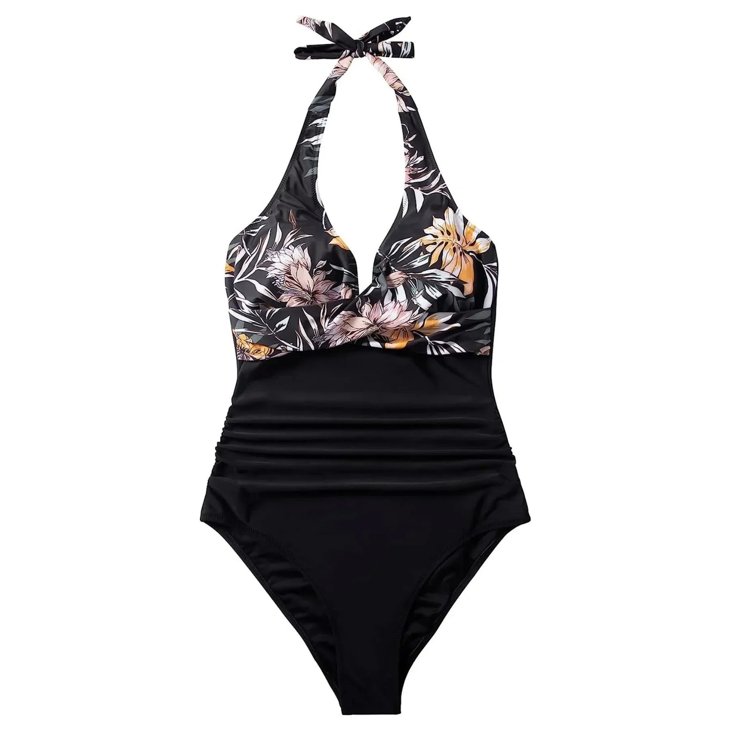 S - XXL Wrinkled Halter V Neck One Piece Swimsuit Women Swimwear Female Monokini Backless Bathing Suit Swim Beachwear Bodysuit