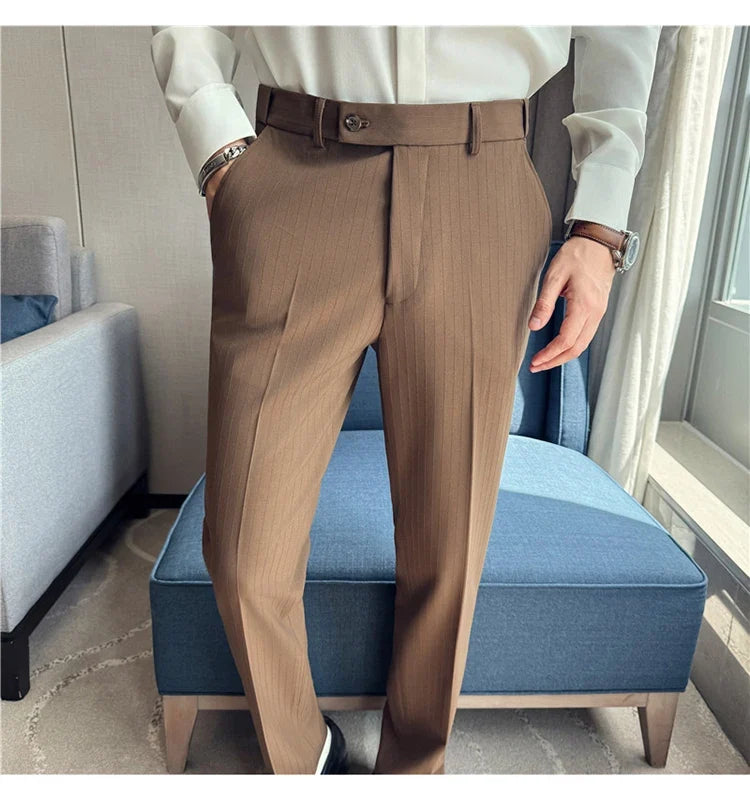 Autumn Winter Thick Suit Pants Men Elastic Waist Business Classic Straight Striped Formal Pants High Quality Slim Fit Trousers