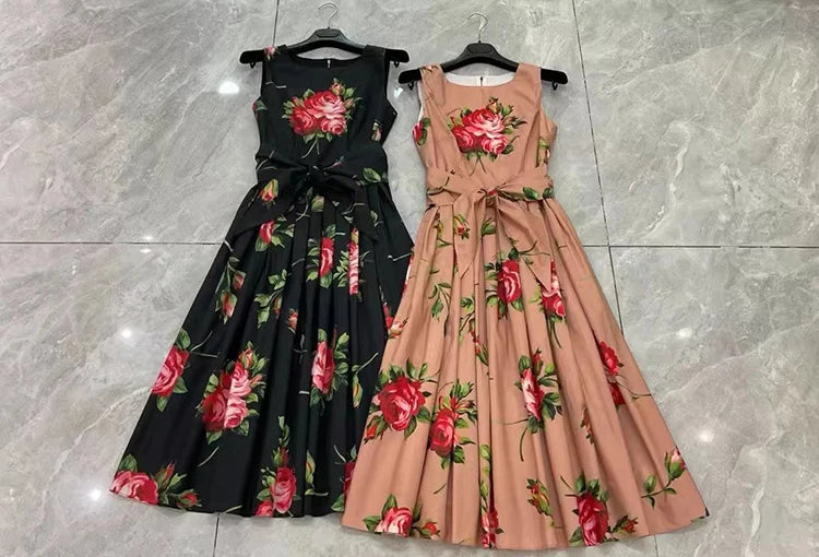 2026 Spring Women's New Fashion Round Neck Sleeveless Cotton Printed Tie a belt Waist cinching Dress
