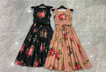 2026 Spring Women's New Fashion Round Neck Sleeveless Cotton Printed Tie a belt Waist cinching Dress