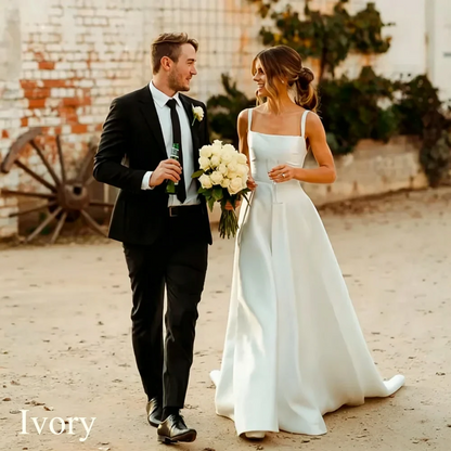 Classic Long White Wedding Dress A-Line Square Collar Spaghetti Straps Formal Pleat  Vintage Backless High Silt Grown Customized