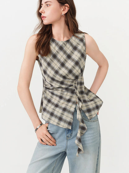 Retro Plaid Round Neck Slim Waist Sleeveless Shirt for Women New Summer 2026 Style with Ribbon Korean Style Y2k