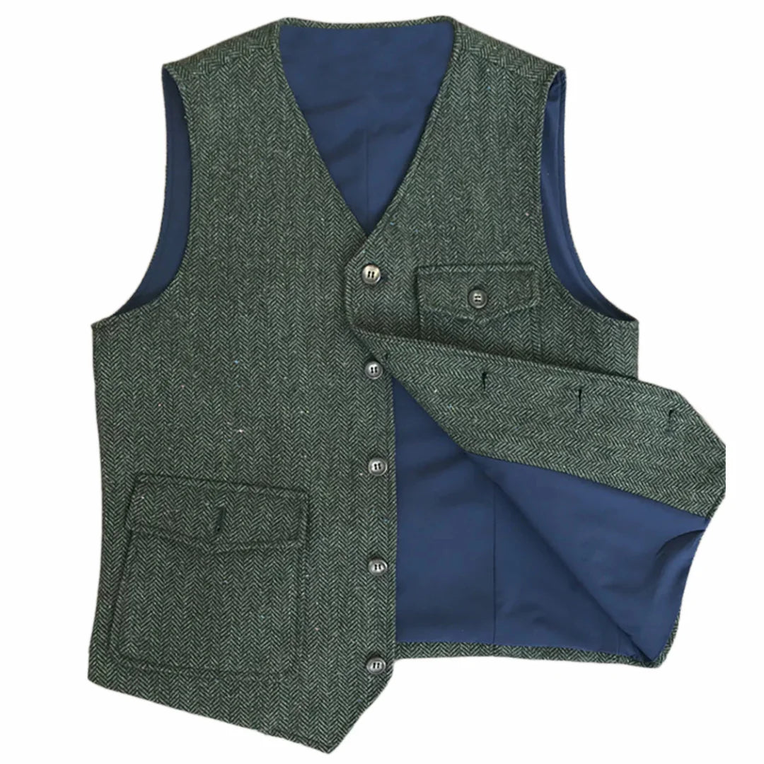 Men Vest Dark Green Herringbone Single Button V Neck Pocket Waistcoat For Wedding Party Business Work Daily Casual Men Suit Vest