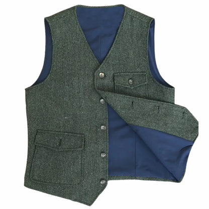 Men Vest Dark Green Herringbone Single Button V Neck Pocket Waistcoat For Wedding Party Business Work Daily Casual Men Suit Vest