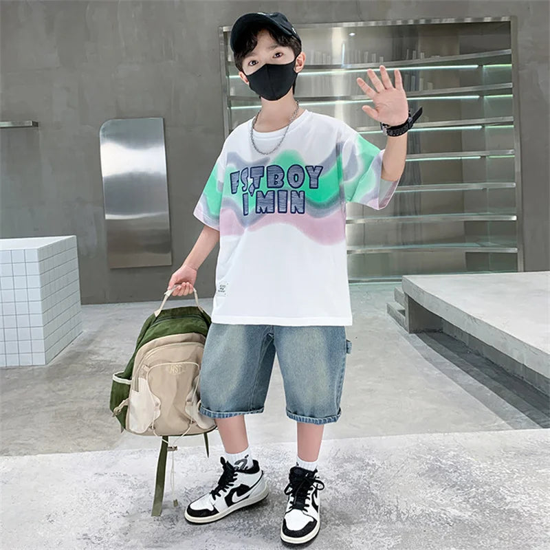 Summer Boy Denim Shorts and Top Clothes Set Outfit Kids Fashion 2-Piece Suit Korean Children Streetwear Tracksuit 5 6 7 9 10 14Y