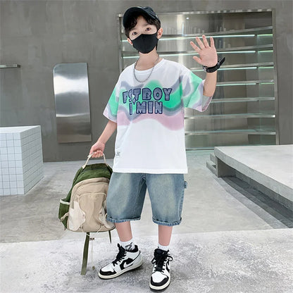 Summer Boy Denim Shorts and Top Clothes Set Outfit Kids Fashion 2-Piece Suit Korean Children Streetwear Tracksuit 5 6 7 9 10 14Y