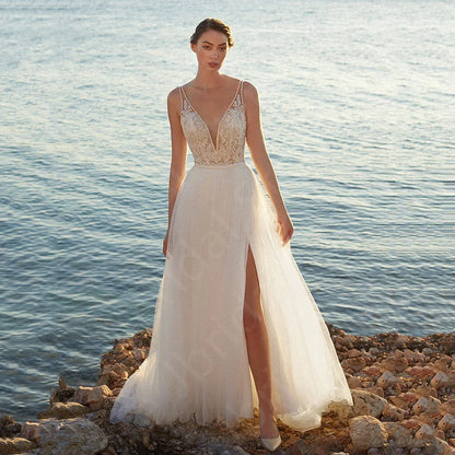 Customized New Arrival Wedding Dresses 2024 Summer Bridal Gowns Lace Beach Bride Dresses Thigh Slit Wedding Gowns Sleeveless