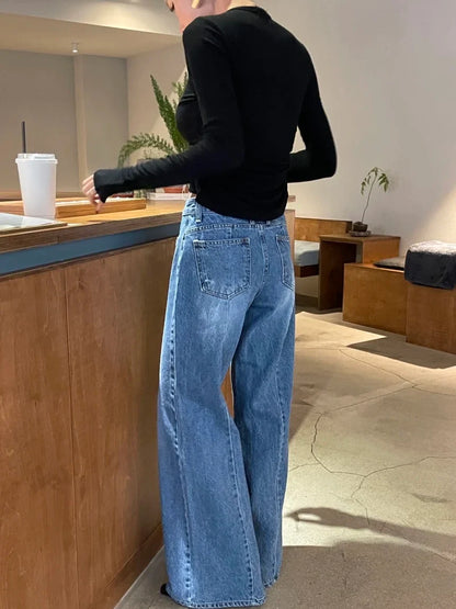 Retro High Waist Slim Fit Blue Jeans Women's Autumn Winter Straight Leg Long Pants Wide Leg Pants Classic Waed Denim