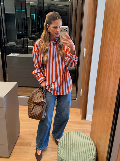 2026 New Women's Striped Shirt With Bow Tie Long Sleeve Loose Casual Blouse Female Fashion Tops