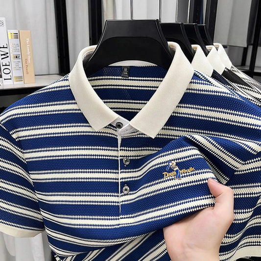 Classic striped men polo shirt summer cool breathable short sleeve fashion brand letter embroidery luxuriou casual lapel T-shirt