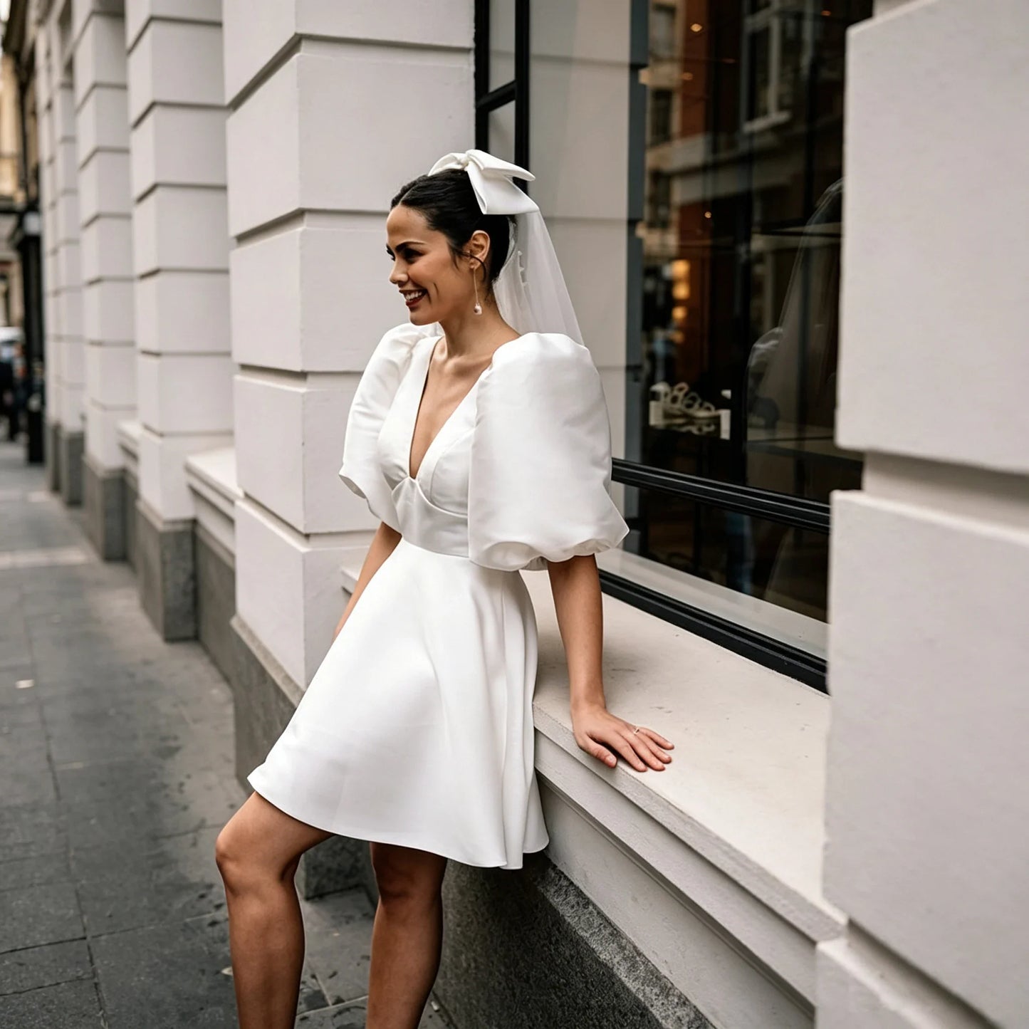 Puff Sleeve Deep V Satin Mini Wedding Dress A Line Bridal Gown Bow Veil Civil Elopement Bride Reception Custom Fit Ceremony Wear