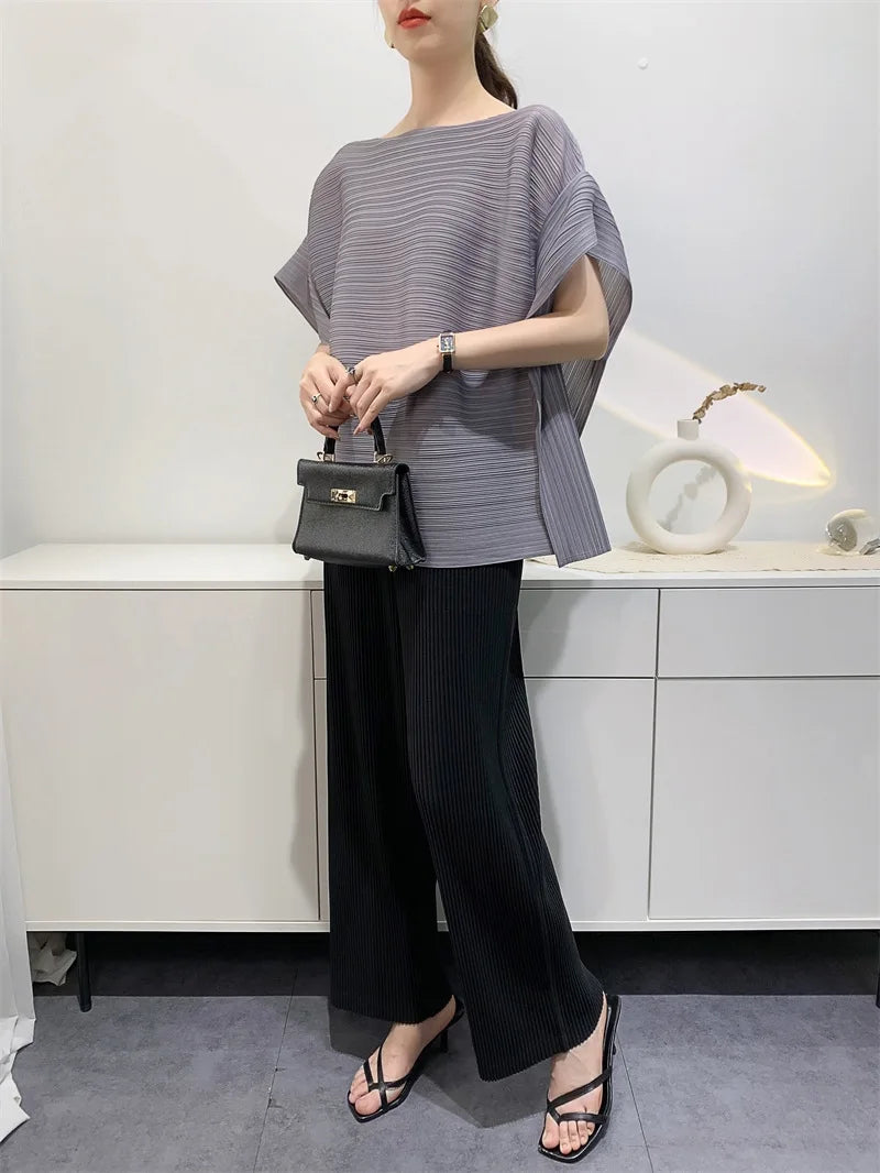 2025 Summer T-shirt Miyake Comfortable Casual Loose Pleated Top Women Short Sleeve Slim Commuter Office Clothes Wrinkle-Free