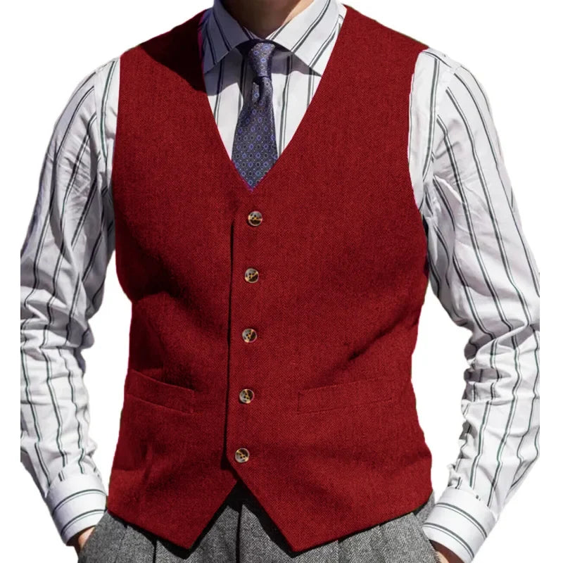 Men Vest Brown Herringbone Solid Color V Neck Waistcoat For Wedding Business Banquet Work Formal Daily Casual Men Suit Vest